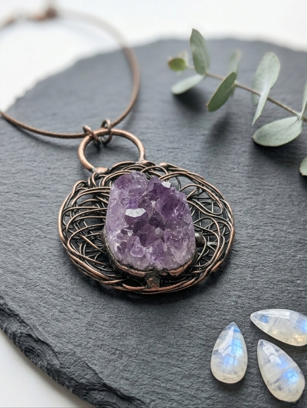 Witchy Cottagecore Copper Wire Wrap Genuine Amethyst Druzy Crystal Necklace 17in